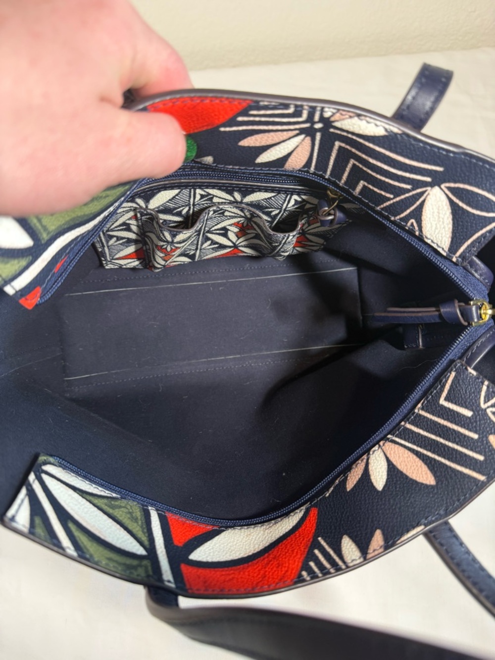 Tory Burch Navy Floral Geo Tote with Red and Olive Accents - Picture 6 of 9